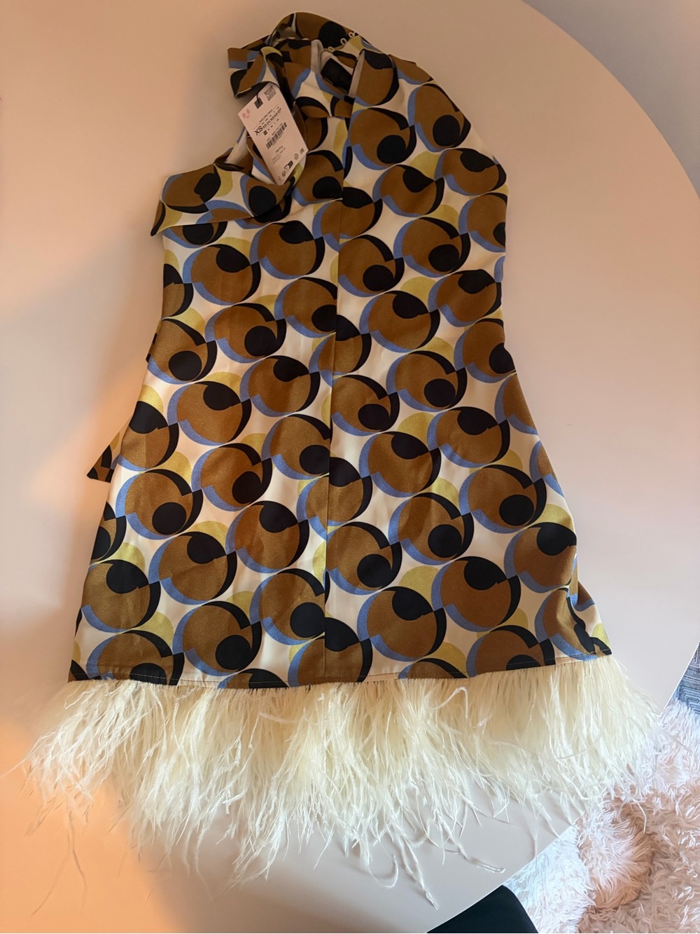 Zara Geometric Print Feather-Hem Mini Dress in Mustard, Black, Blue, Cream